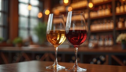 Fototapeta premium Two wine glasses, one red one white, stand on a wooden table. Shelves with bottles are blurred in background. Cozy atmosphere perfect for tasting.