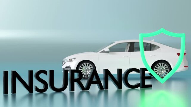 3D animation with insurance text appearing over car and glowing protection icon. Concept of vehicle safety, coverage and financial security. Clean background with copy space.