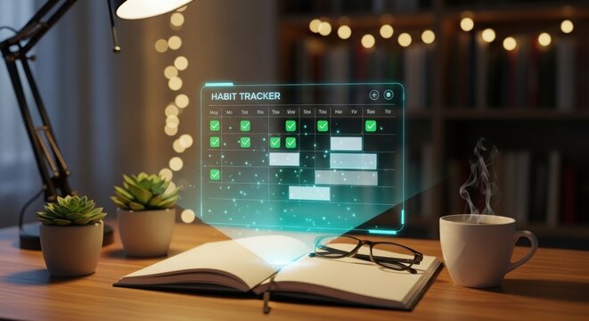 Habit tracker hologram on desk with open notebook and coffee in warm evening lighting for productivity planning.