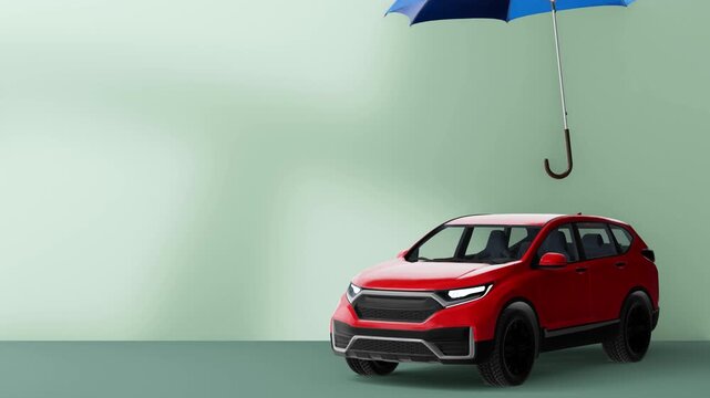 3D animation of car under umbrella symbolizing insurance coverage and protection. Clean minimal scene with copy space, ideal for finance, safety and automotive concepts.