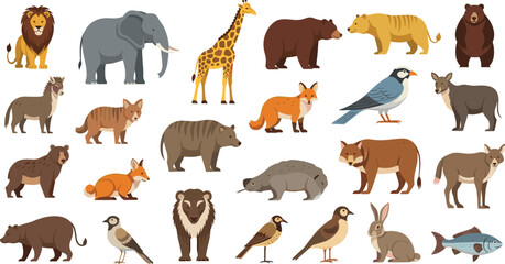 Obraz premium Flat vector set of wild forest animals including lion elephant giraffe bear fox deer wolf rabbit birds isolated on white background