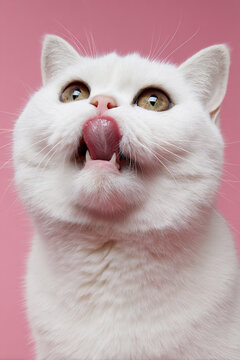 cute white british shorthair cat sticking tongue out portrait, playful british shorthair cat head tilt on pink background, adorable white cat close up soft light studio portrait