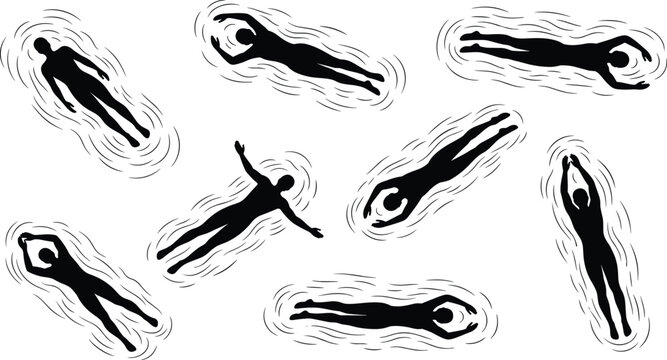 Floating human silhouettes collection, levitation poses set, abstract flying people figures, spiritual aura energy illustration, isolated black silhouette characters bundle, surreal motion concept