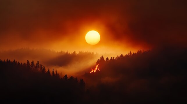 Devastating wildfire spreads across forested hills captured at sunset nature photography dramatic atmosphere scenic viewpoint