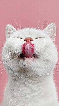cute white british shorthair cat sticking tongue out portrait, playful british shorthair cat head tilt on pink background, adorable white cat close up soft light studio portrait