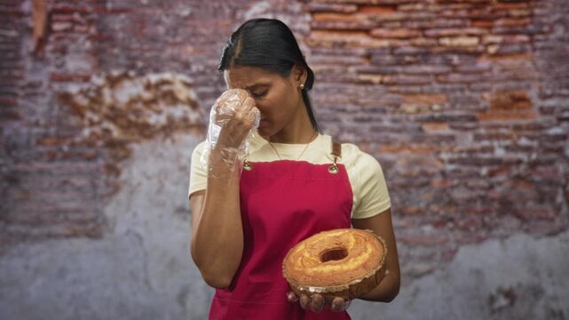 Young hispanic brunette woman in red apron holding bundt cake pinches nose with gloved hand against brick wall in studio; disgust hygiene.