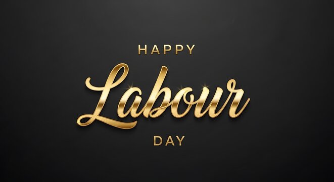 Elegant Happy Labour Day greeting with golden 3D typography, luxury gold lettering on dark black background, professional holiday celebration banner