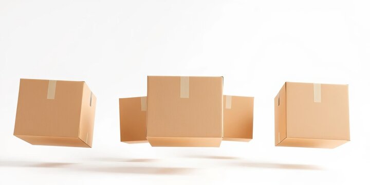 Five closed cardboard boxes levitate against a pure white backdrop,  white background,  magic
