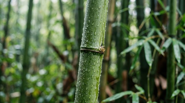 Close-Up Of A Bamboo Stalk With Dew Drops Clinging To Its Textured Surface, Creating A Serene And Natural Scene.