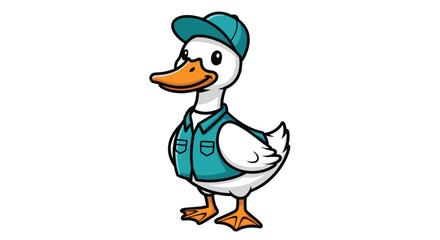 Fototapeta premium Adorable cartoon duck, wearing a blue cap and vest, standing upright with a friendly smile, ready for an adventure.