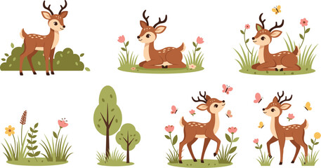 Fototapeta premium Cute deer cartoon vector set with forest plants flowers butterflies wildlife animal characters isolated on white background