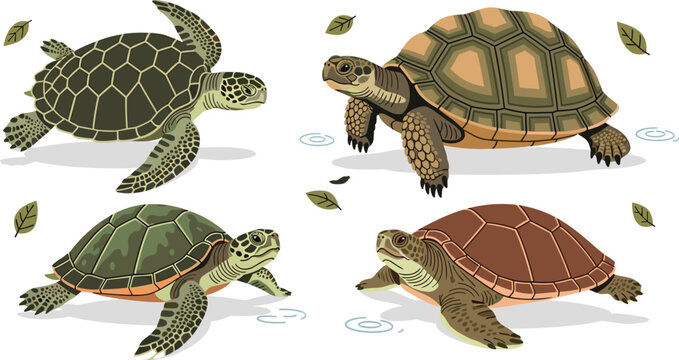 Detailed vector set of turtles and tortoises with different shell patterns wildlife reptiles isolated on white background