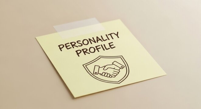 Personality profile text on yellow sticky note, human resources assessment concept, psychological evaluation and recruitment profile on paper