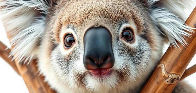 Close-up of adorable koala's face, fluffy fur, big eyes, white background ,  photography,  animal