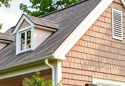 Gabled roof section of a classic American home, showing dormers and shingles, shadow, vintage