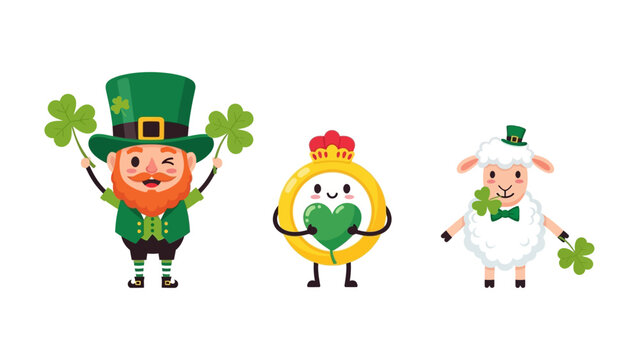 St. Patrick's Day vector illustration set with leprechaun, Claddagh ring, and sheep characters for Irish holiday design