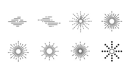 Set of minimalist sunburst and starburst vector icons with radial lines and dots for retro logo design and decorative accents © Zyariss