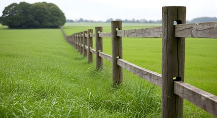Fototapeta premium Wooden fence in a lush green meadow leading to a distant forest