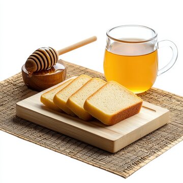 Freshly sliced white bread with honey dipper and a hot cup of herbal tea on a wooden tray with a woven placemat for breakfast or snack time