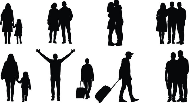 People silhouettes collection, family couples and travelers poses set, human interaction and lifestyle figures illustration, isolated black silhouette characters bundle, diverse social scenes pack
