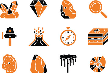A collection of geology and mineralogy icons featuring crystals fossils and volcanic elements © Milon Store