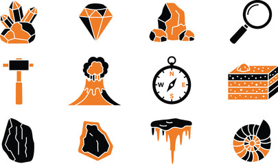 Collection of flat geology icons including minerals fossils volcanoes and scientific tools © Milon Store