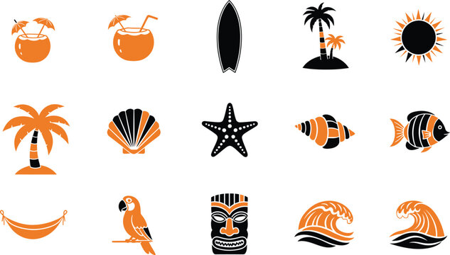 Set of tropical beach and summer vacation icons featuring palms, shells, and tiki masks