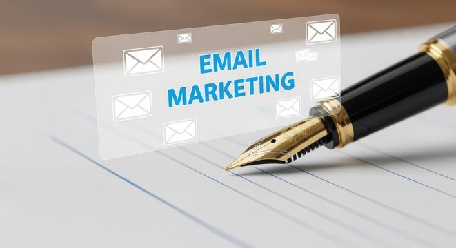 Email Marketing digital interface with fountain pen on lined paper in soft focus for business communication.