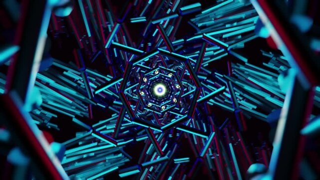 Neon hexagonal tunnel bursts with cyan shards and yellow core glow