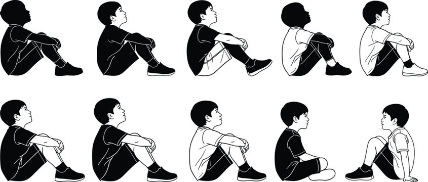 Silhouette boy sitting poses collection, side view kid posture variations, child seated positions set, casual sitting gestures illustration, isolated human figure bundle