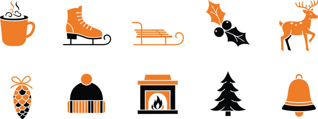 Collection of orange and black winter icons featuring reindeer sled fireplace and christmas tree © Milon Store