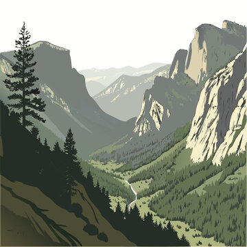 A stylized illustration depicts yosemite valley showcasing towering granite cliffs lush greenery and a winding river below high quality professional detailed modern