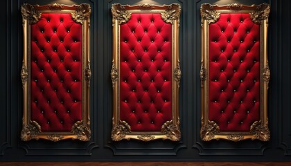 Fototapeta premium Three ornate gold framed panels with tufted red velvet upholstery hang on dark wall. Decorative frames feature classic scrollwork, elaborate carvings. Interior design elements suggest luxury, royalty.