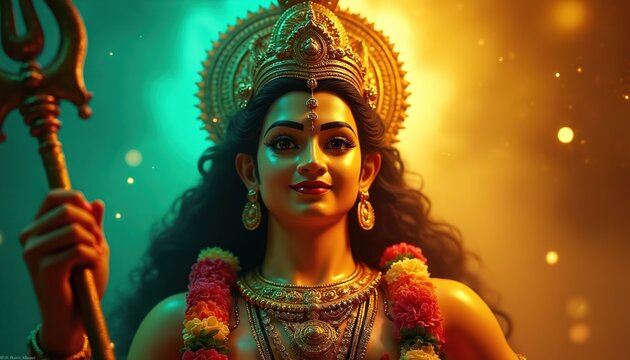 Hindu goddess Murugan holds trident weapon. Female deity wears gold crown earrings necklaces. Festive divine art for spiritual occasions. Vibrant lighting.