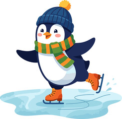 Fototapeta premium Cute penguin ice skating on a frozen pond