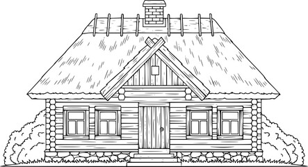 Obraz premium Rustic log cabin with thatched roof and stone foundation surrounded by foliage house