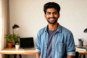 Fototapeta premium Portrait of a Handsome Young Indian Man Smiling Confidently in a Modern Home Office Setting