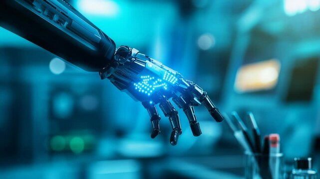 gloved hand holographic circuitry on bench, researcher in white coat reaches toward electronic components and test vessels, blue neon illumination casts