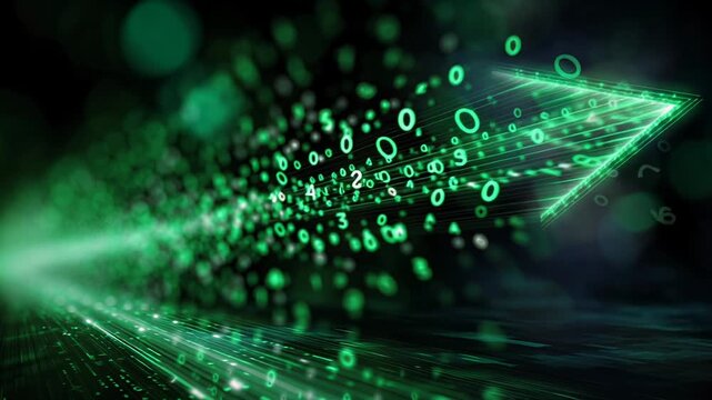 Flickering particles and vibrant neon create immersive depth, Vivid green digital corridor with flowing data streams and cinematic visual effects