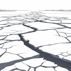 A stark minimalist illustration depicts a vast cracked and fractured landscape resembling frozen ground or a dried lakebed with a distant horizon © Miasahin