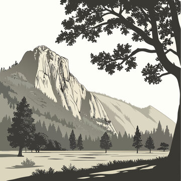 A vintage style illustration depicts yosemite s el capitan framed by lush trees and a serene hazy landscape high quality professional detailed
