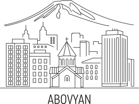 Abovyan city line draw simple minimalist. Mountains rise above city skyline. Buildings line streets beneath snowy peak. Central church stands out with cross and arched doors. 