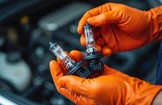 Hands in orange gloves hold new car headlight bulbs. Mechanic prepares to replace old bulbs in vehicle. Auto service for car lighting repair.