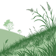 Fototapeta premium A serene landscape illustration depicts rolling green hills sparse trees and various types of grasses and wildflowers creating a peaceful scene