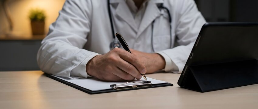 Healthcare professional, wearing a white lab coat and stethoscope, intently writes notes on a clipboard while seated at a desk beside a digital tablet.