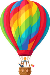 Fototapeta premium Vibrant rainbow hot air balloon soaring through the sky with waving pilot