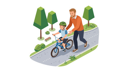 Fototapeta premium Man helping child ride bike.