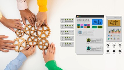 Obraz premium Collaborative Teamwork with Gears and Digital Dashboard Illustrating Marketing and Advertising Solutions in a Professional Setting Sigmoid