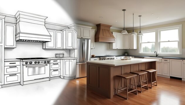 Kitchen design progress shown. Sketch transitions to full rendered visualization. Includes cabinets island stove and appliances. Shows remodelling process.