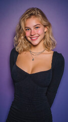 Fototapeta premium smiling blonde woman in black dress on purple background, young fashion model portrait in minimalist studio setting, elegant female portrait with dark purple aesthetic backdrop